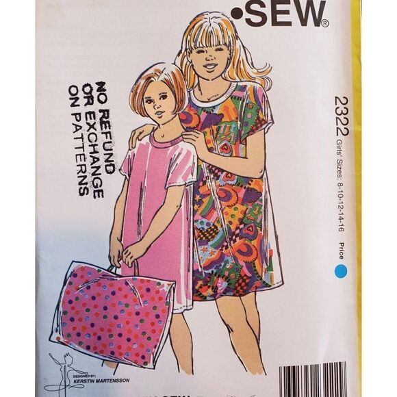 Vintage 90s Kwik Sew Pattern 2322 Uncut Girls Sleep Shirt Pillowcase 8-16 - Picture 1 of 3